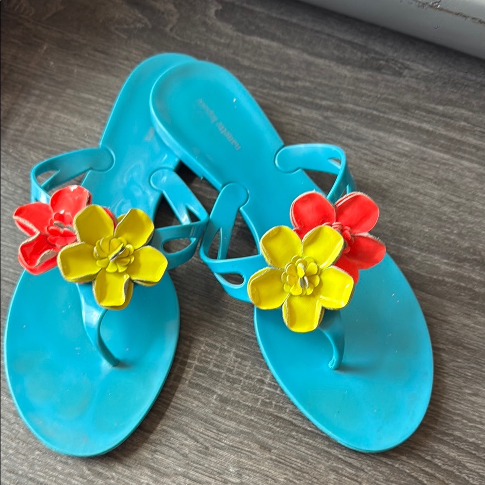Nanette Lepore Blue Sandals with Red and Yellow Flowers